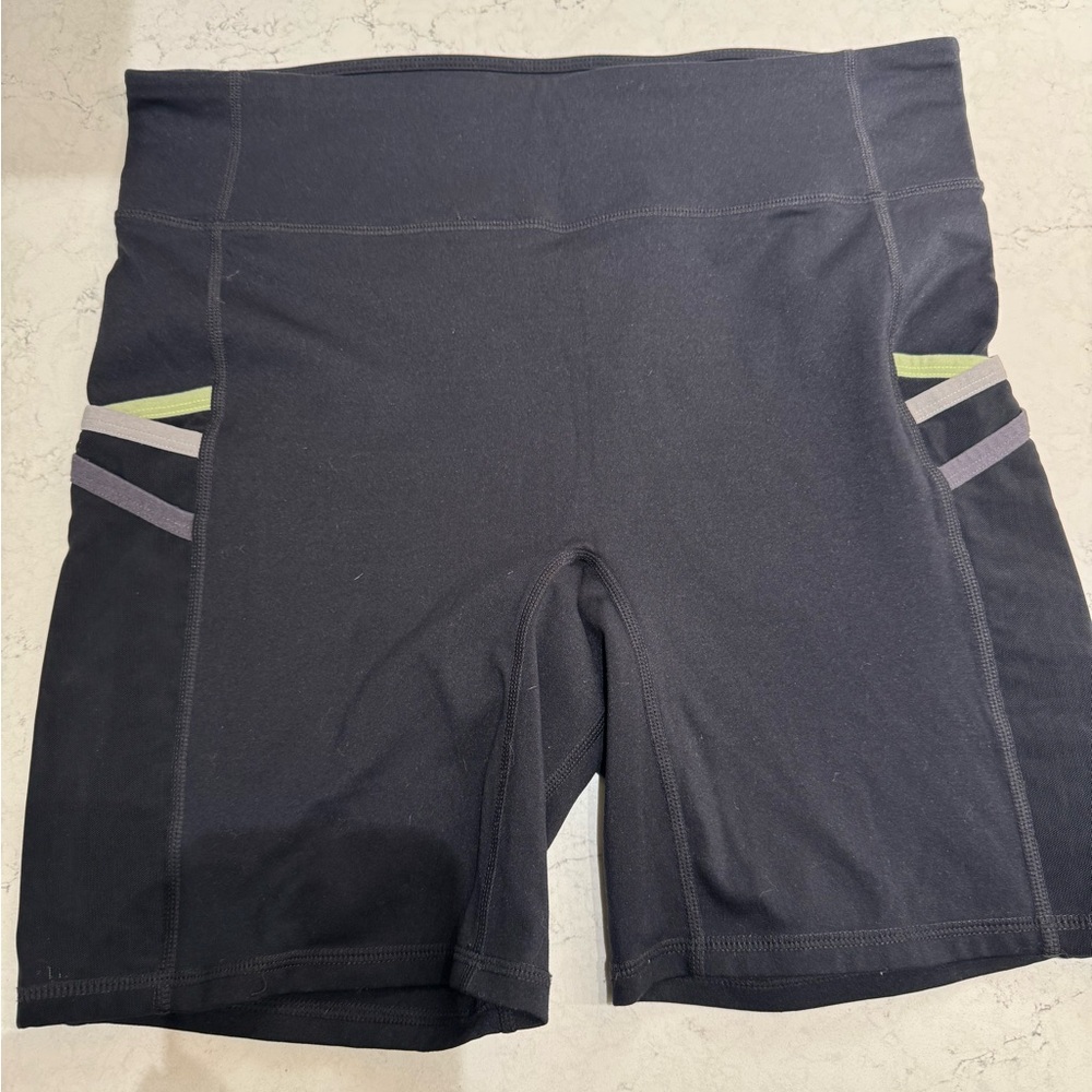 Fabletics Black and Green Bike Shorts with Compression Fit
